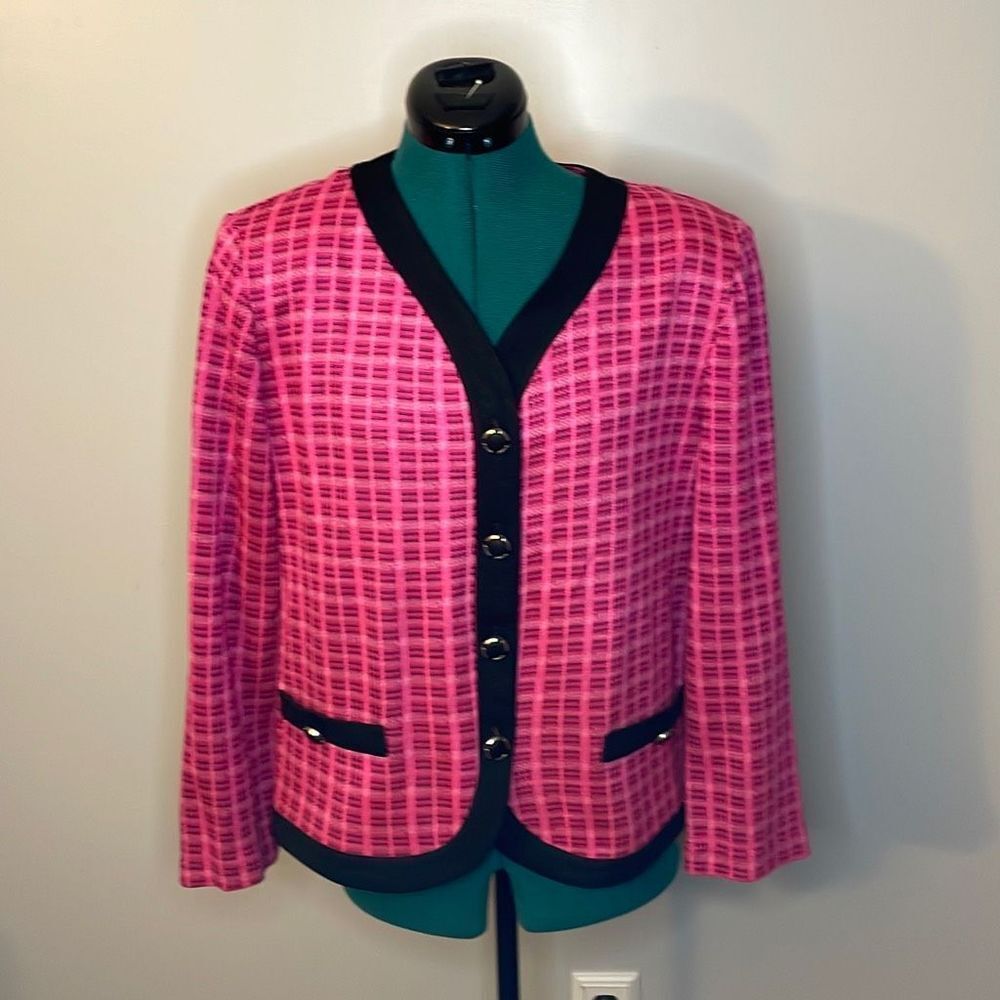 Vintage 80's Hot Pink Barbiecore Sweater Blazer Black Accents Size 12P